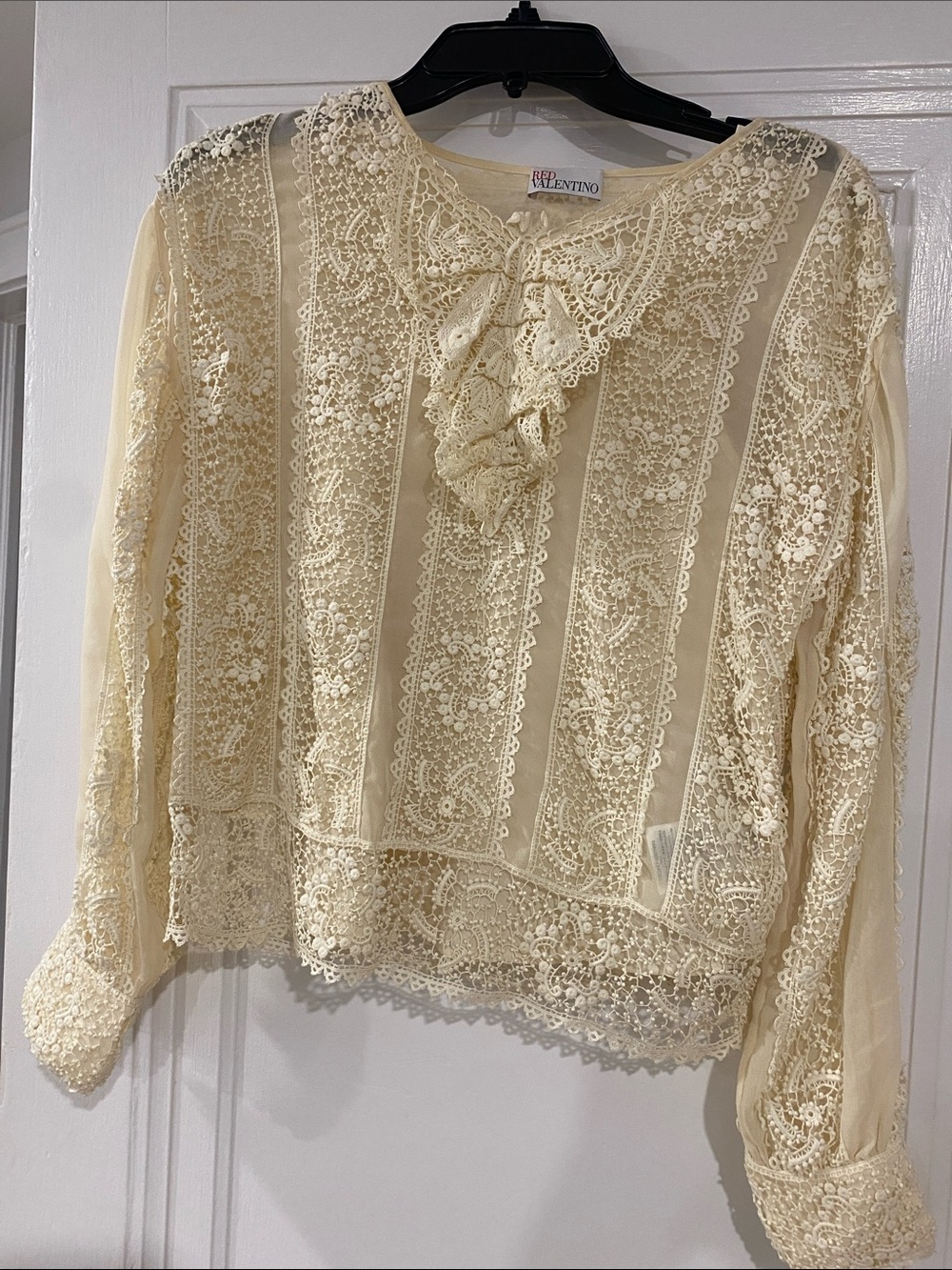 RED Valentino Cream Lace Ruffle-Neck Blouse